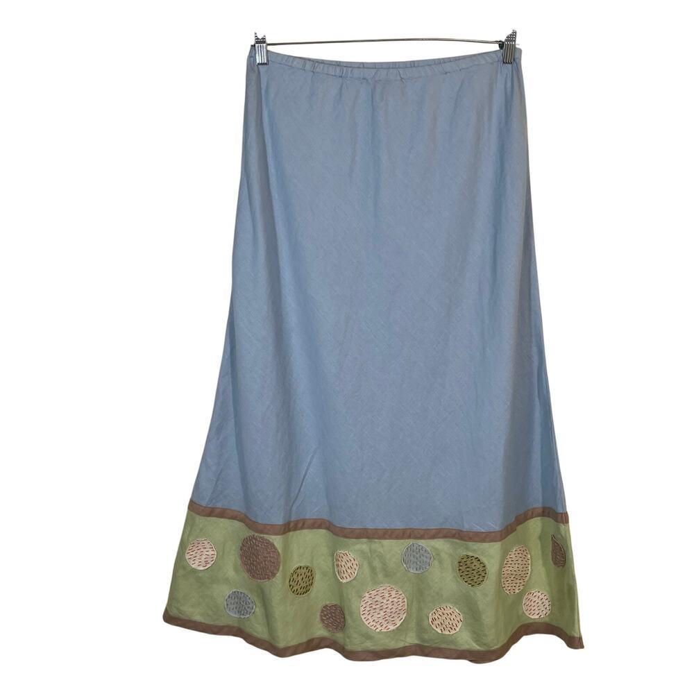 BODEN Sz 16L Retro Y2K Linen Maxi Skirt Whimsical Blue Green Applique Dots